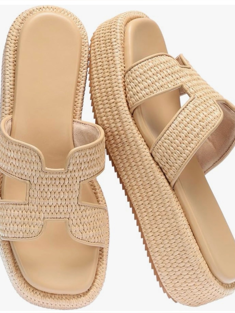 Woven Platform Slide Sandals in Natural Beige